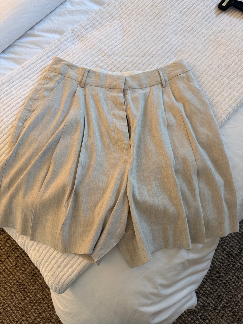 STAUD Beige Pleated High-Rise Bermuda Shorts
